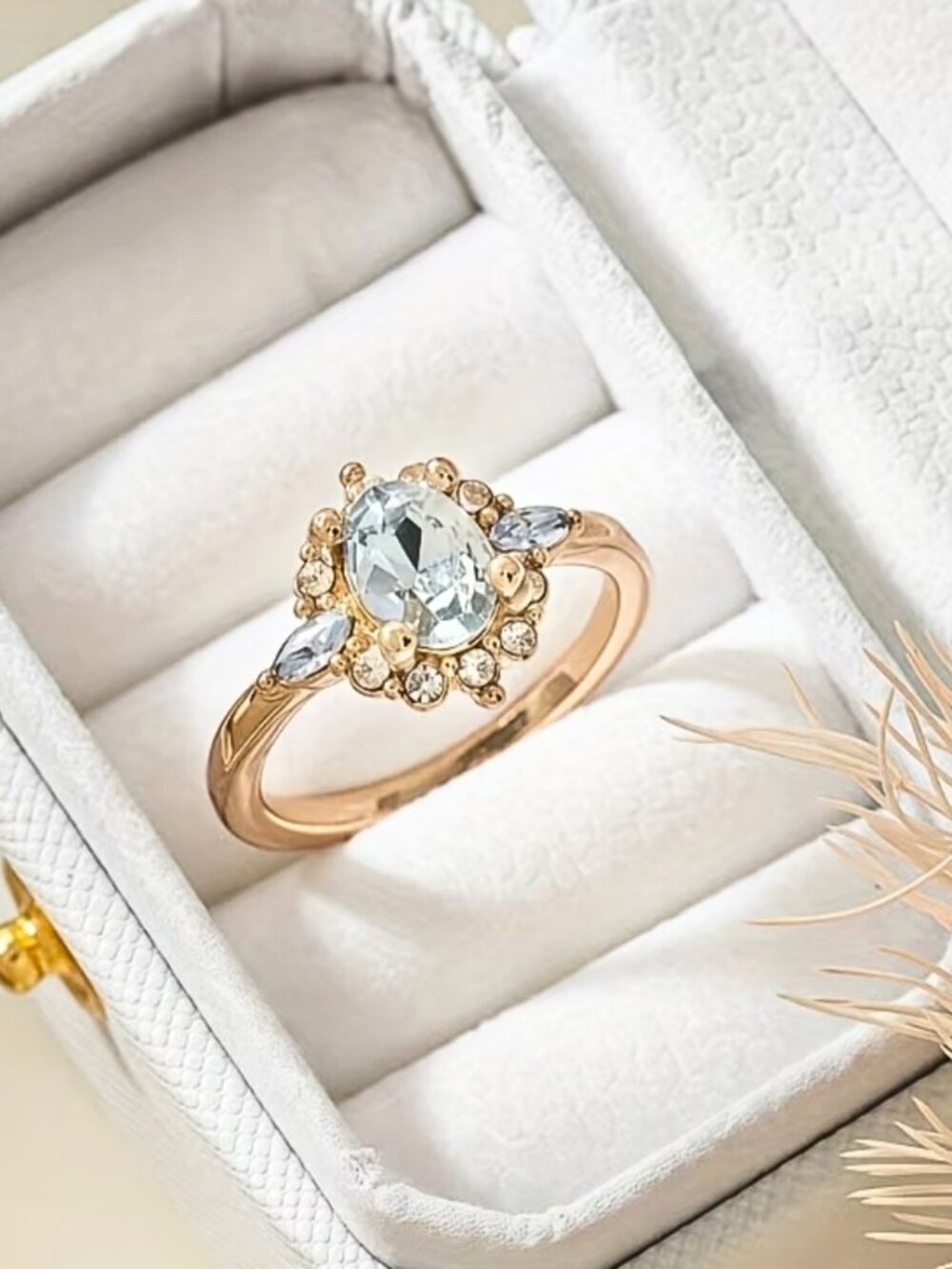 Sweet and Feminine Aquamarine Oval Halo Ring-Dreamy Blue Plated 14k Rose Gold